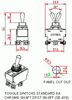 Dimensional drawing for SM618 Toggle Switches Standard 6A DPST On Off