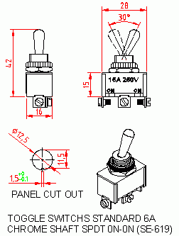 Dimensional drawing for SM619 Toggle Switches Standard 6A SPDT On-On