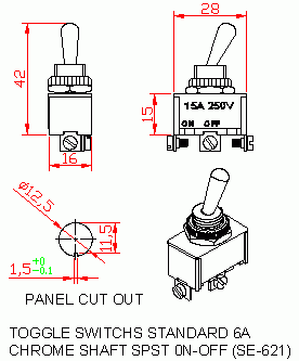 Dimensional drawing for SM621 Toggle Switches Standard 6A SPST On-Off