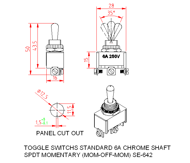 Dimensional drawing for SM642 Toggle Switches Standard 6A SPDT MOM-OFF-MOM