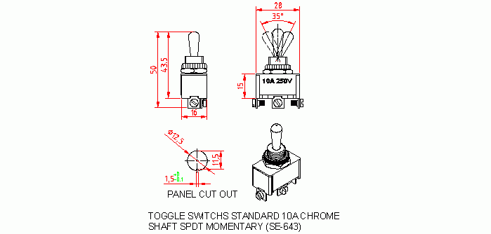 Dimensional drawing for SM643 Toggle Switches Standard 10A SPDT MOM-OFF-MOM