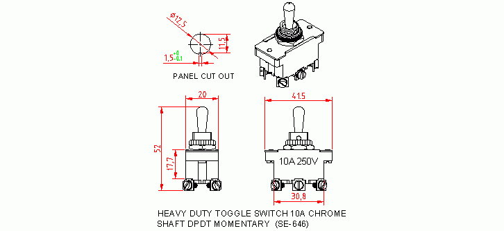 Dimensional drawing for SM646 Heavy Duty Toggle Switches 10A DPDT Momentary