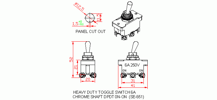 Dimensional drawing for SM651 Heavy Duty Toggle Switches 6A DPDT On-On