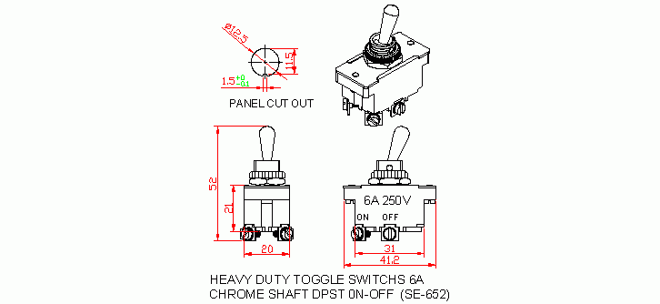 Dimensional drawing for SM652 Heavy Duty Toggle Switches 6A DPST On-Off