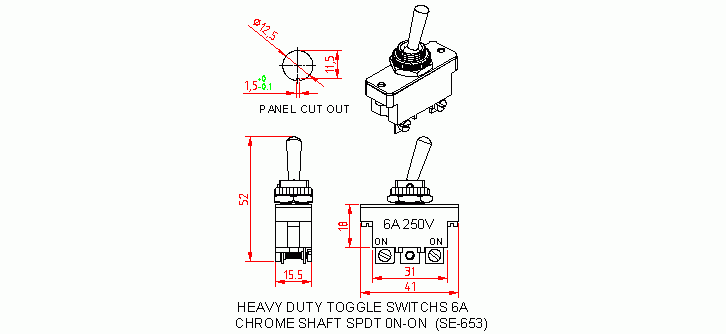 Dimensional drawing for SM653 Heavy Duty Toggle Switches 6A SPDT On-On
