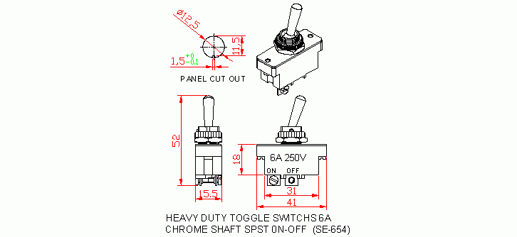 Dimensional drawing for SM654 Heavy Duty Toggle Switches 6A SPST On-Off