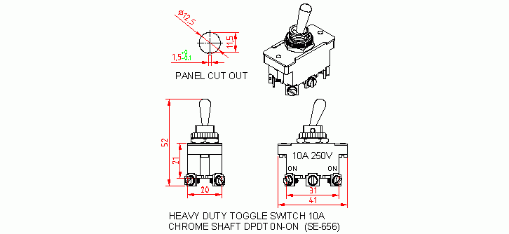 Dimensional drawing for SM656 Heavy Duty Toggle Switches 10A DPDT On-On