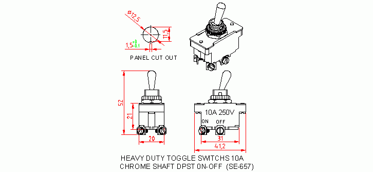 Dimensional drawing for SM657 Heavy Duty Toggle Switches 10A DPST On-Off