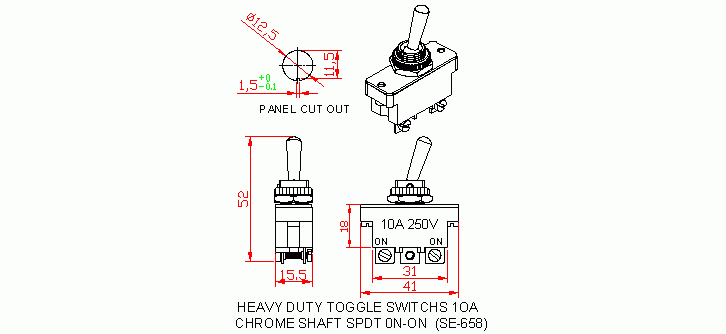Dimensional drawing for SM658 Heavy Duty Toggle Switches 10A SPDT On-On
