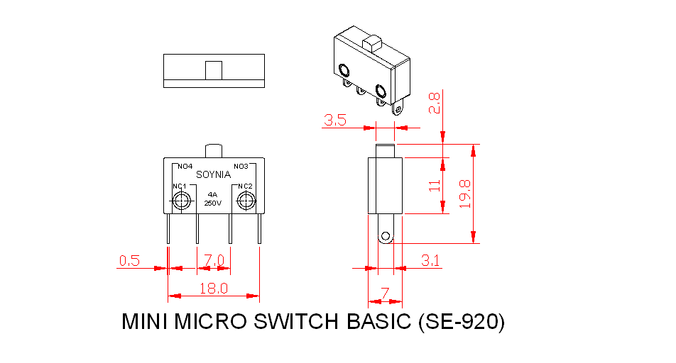 Dimensional drawing for SM920 Mini Micro Switch Basic