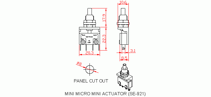 Dimensional drawing for SM921 Mini Micro Mini Actuator