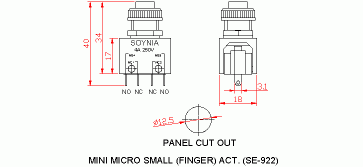 Dimensional drawing for SM922 Mini Micro Small (Finger) Act.
