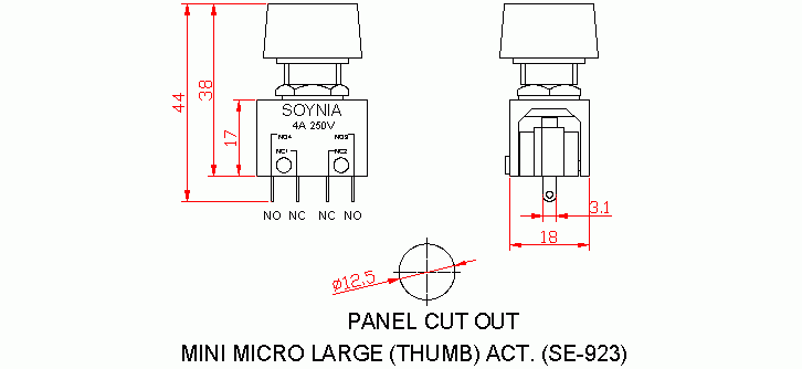 Dimensional drawing for SM923 Mini Micro Large (Thumb) Act.