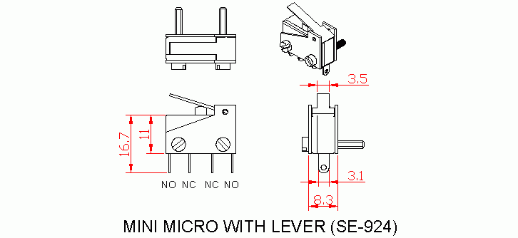 Dimensional drawing for SM924 Mini Micro With Lever