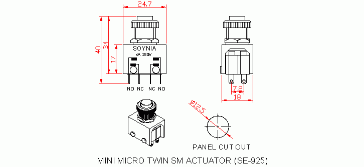 Dimensional drawing for SM925 Mini Micro Twin Sm Actuator