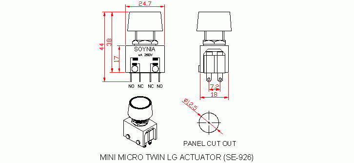 Dimensional drawing for SM926 Mini Micro Twin Large Actuator