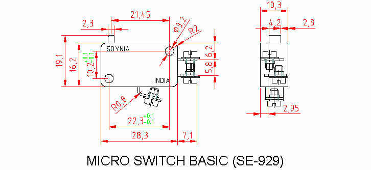 Dimensional drawing for SM929 Micro Switch Basic