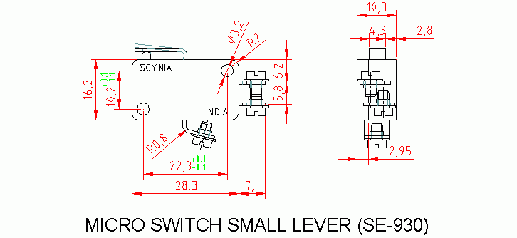 Dimensional drawing for SM930 Micro Switch Small Lever