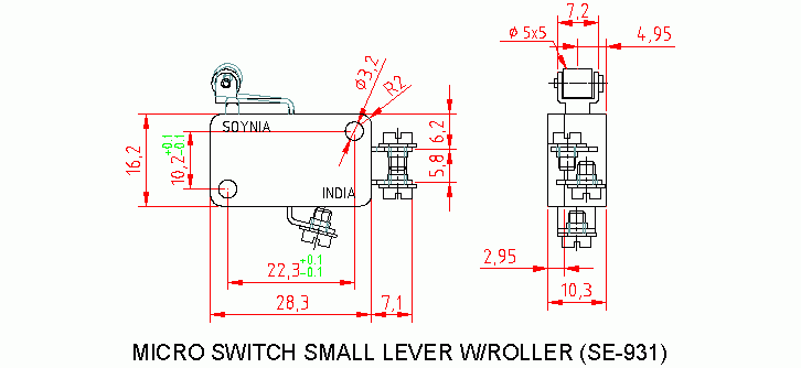 Dimensional drawing for SM931 M. Switch Small Lever w/Roller