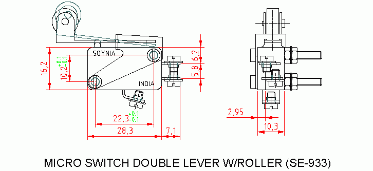 Dimensional drawing for SM933 M. Switch Double Lever w/Roller