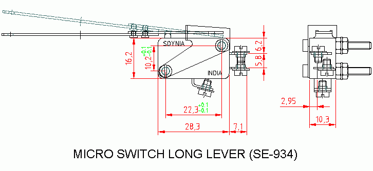 Dimensional drawing for SM934 M. Switch Long Lever