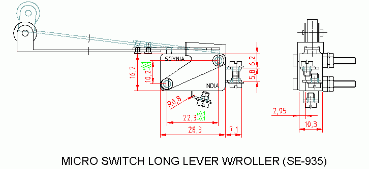 Dimensional drawing for SM935 M. Switch Long Lever w/Roller