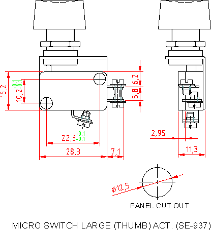 Dimensional drawing for SM937 M. Switch Large (Thumb) Act.