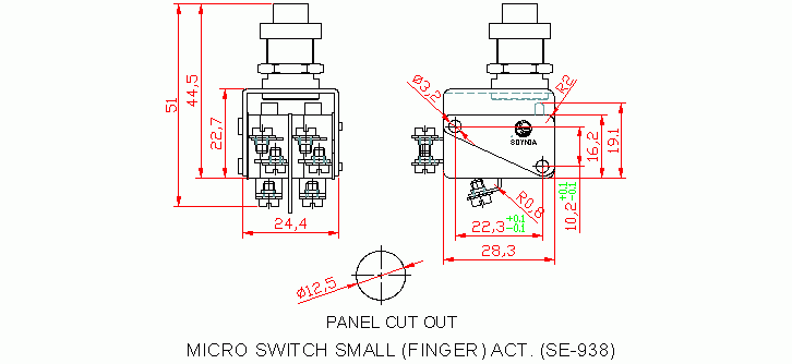 Dimensional drawing for SM938 M. Twin Small (Finger) Act.