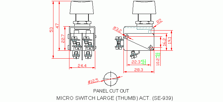 Dimensional drawing for SM939 M. Twin Large (Thumb) Act.