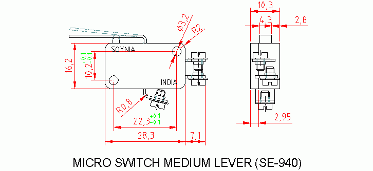Dimensional drawing for SM940 M. Switch Medium Lever