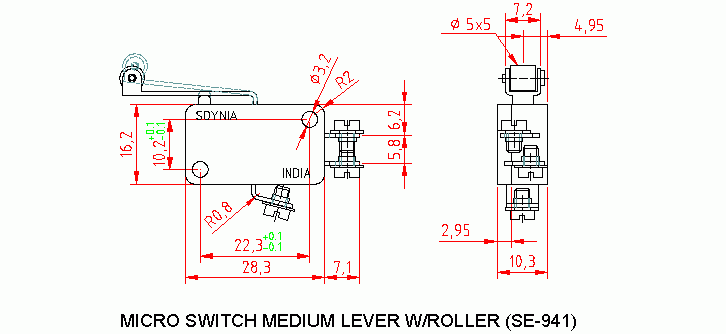 Dimensional drawing for SM941 M. Switch Medium Lever w/Roller