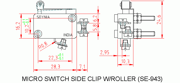 Dimensional drawing for SM943 M. Switch Side Clip w/Roller