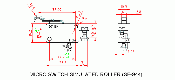 Dimensional drawing for SM944 M. Switch Simulated Roller
