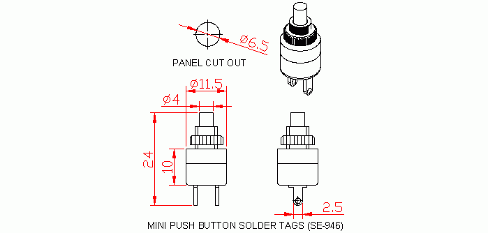 Dimensional drawing for SM946 Mini Push Button Solder Tags