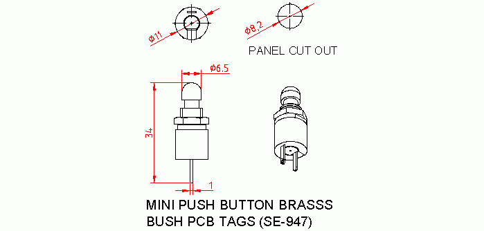 Dimensional drawing for SM948 Mini Push Button Solder Tags