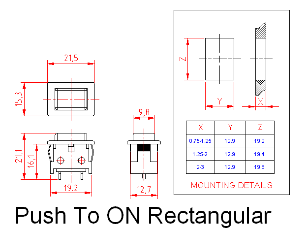 Dimensional drawing for SM949 Push Button Rectangular Snap Mounting