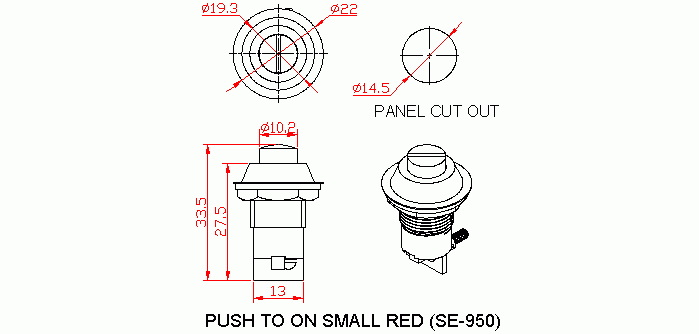Dimensional drawing for SM950 Push To On Small