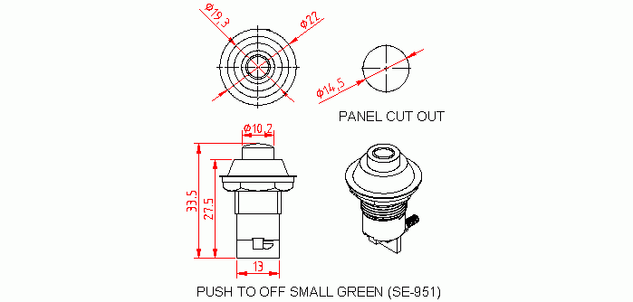 Dimensional drawing for SM951 Push To Off Small