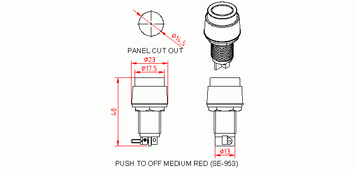 Dimensional drawing for SM953 Push To Off Medium