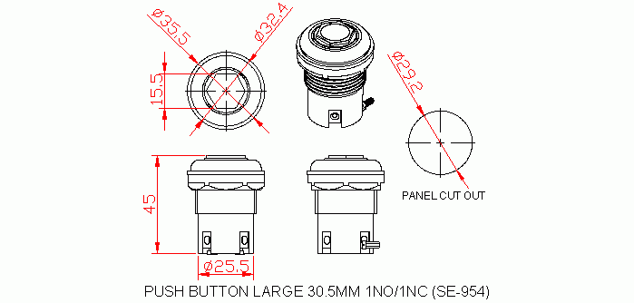 Dimensional drawing for SM954 P. B. Large 30.5 mm 1 No/1 NC