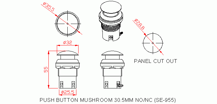 Dimensional drawing for SM955 P. B. Mushroom 30.5 mm NO/NC