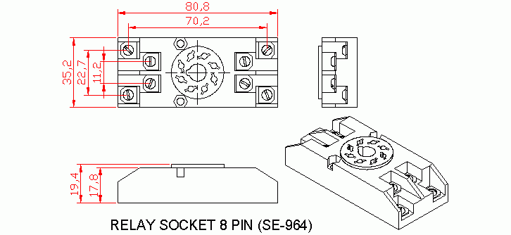 Dimensional drawing for SM964 Relay Socket 8 Pin