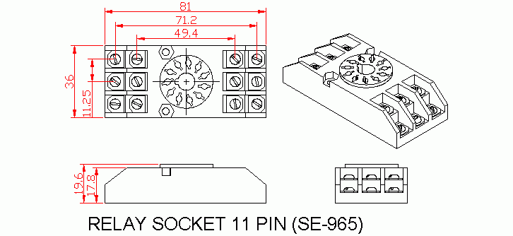 Dimensional drawing for SM965 Relay Socket 11Pin