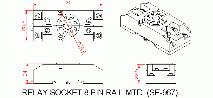 Dimensional drawing for SM967 Relay Socket 8 Pin Rail Mtd.