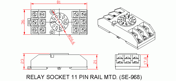 Dimensional drawing for SM968 Relay Socket 11 Pin Rail Mtd