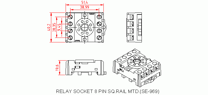Dimensional drawing for SM969 R. Socket 8 Pin Sq. Rail Mtd.