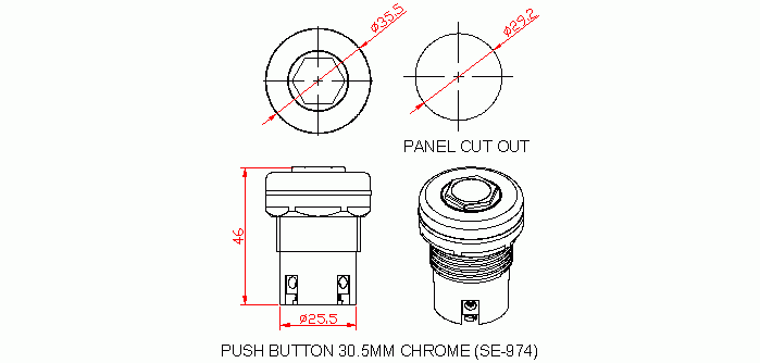 Dimensional drawing for SM974 Push Button 30.5 mm Chrome