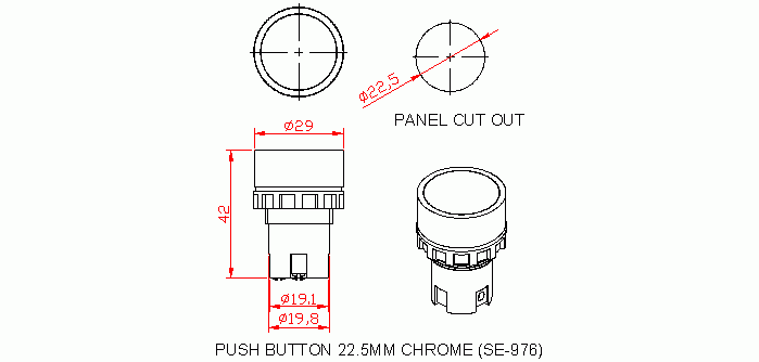 Dimensional drawing for SM976 Push Button 22.5 mm Chrome