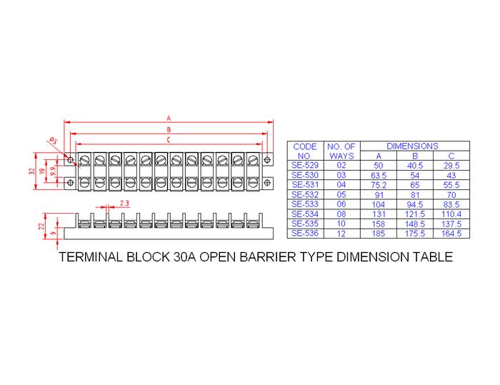 SM533 Terminal Block Open Barrier Type 30A 6 Way